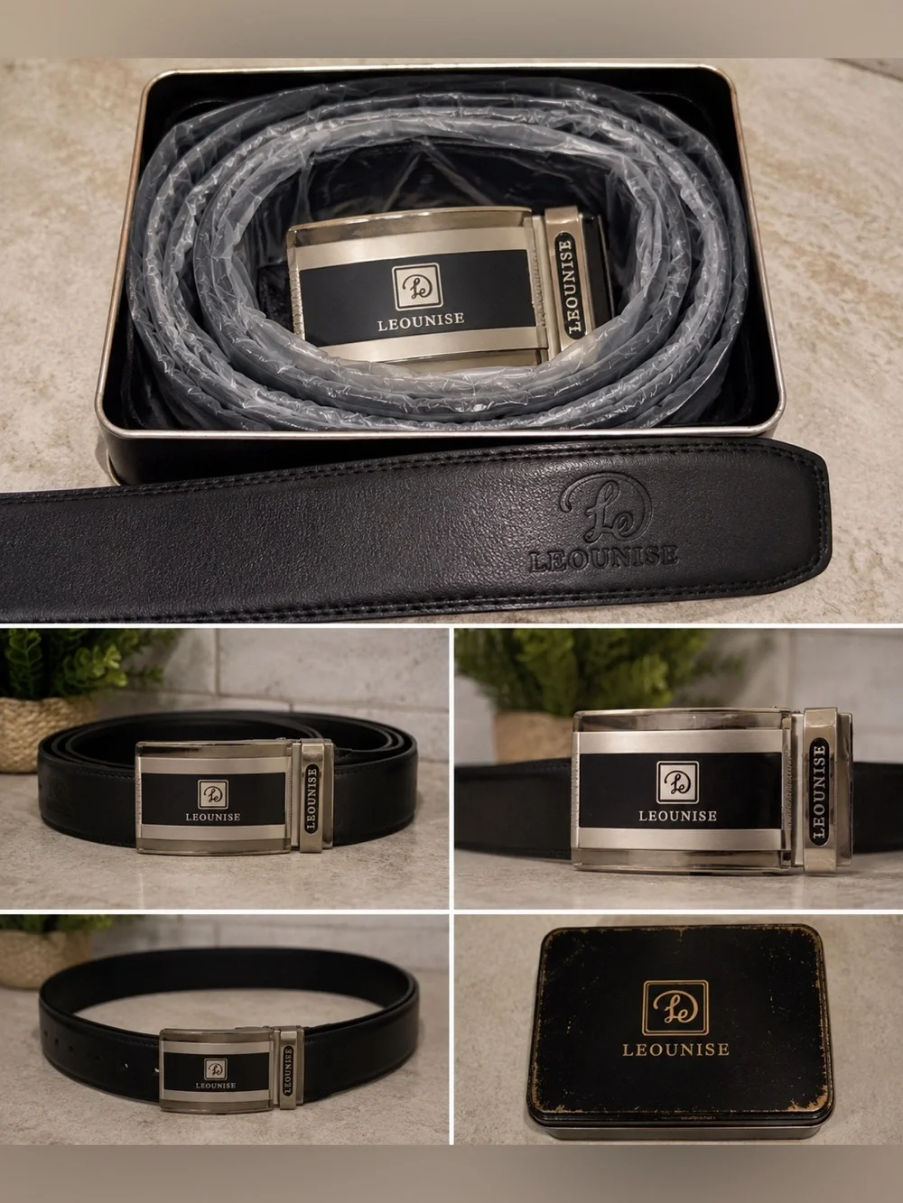 Leounise Adjustable Black Leather Belt & Silver Buckle Set | Men’s Dress Belt